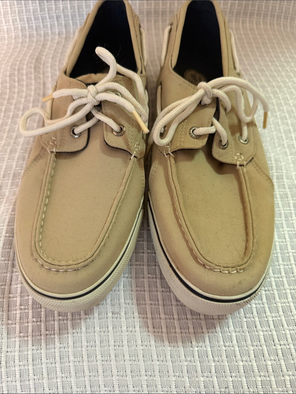 Sperry Beige Canvas Boat Shoes with White Laces - Picture 5 of 7